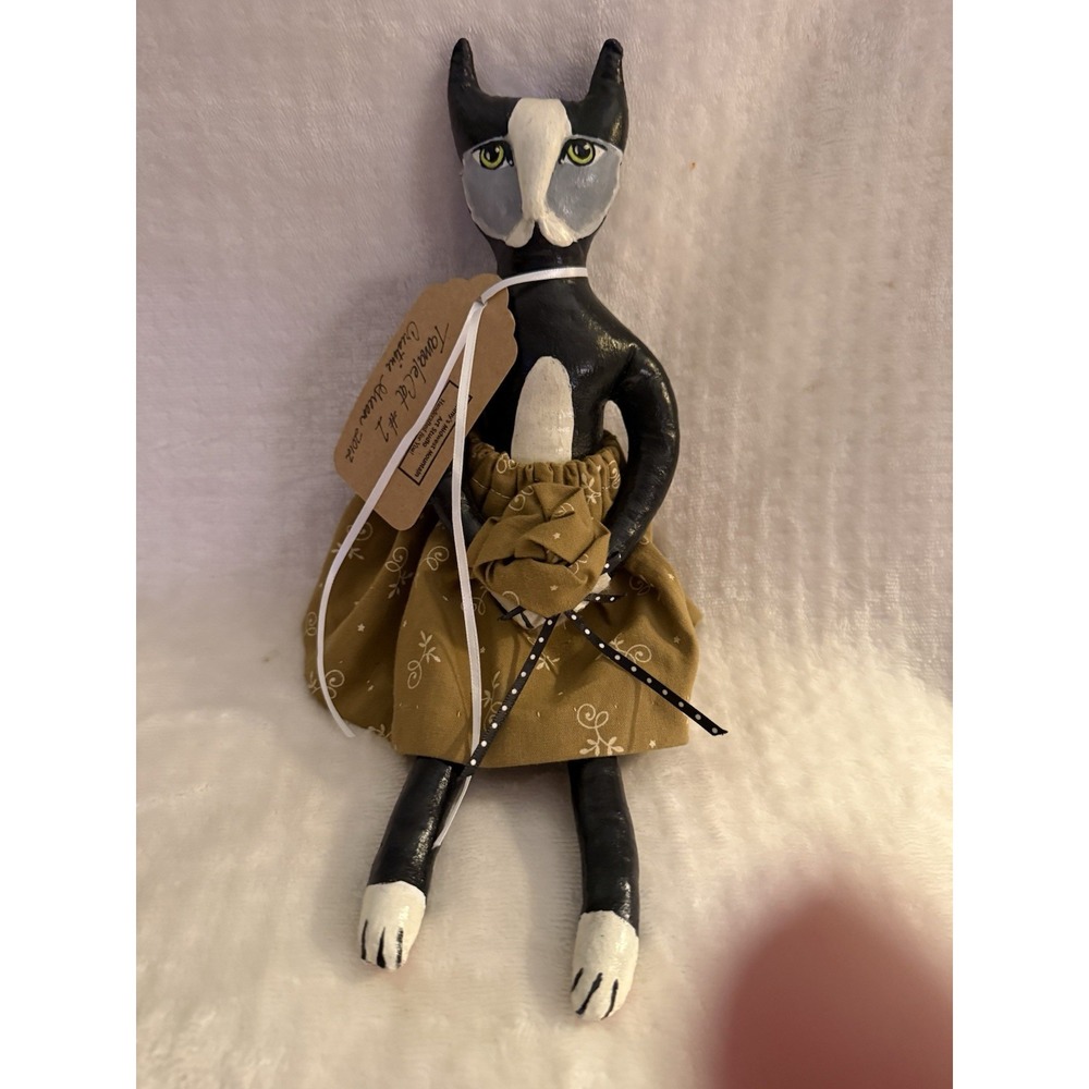 Primitive Black Cat Cloth Handmade Hanging Shelf Sitter Folk Art Cat w Flowers